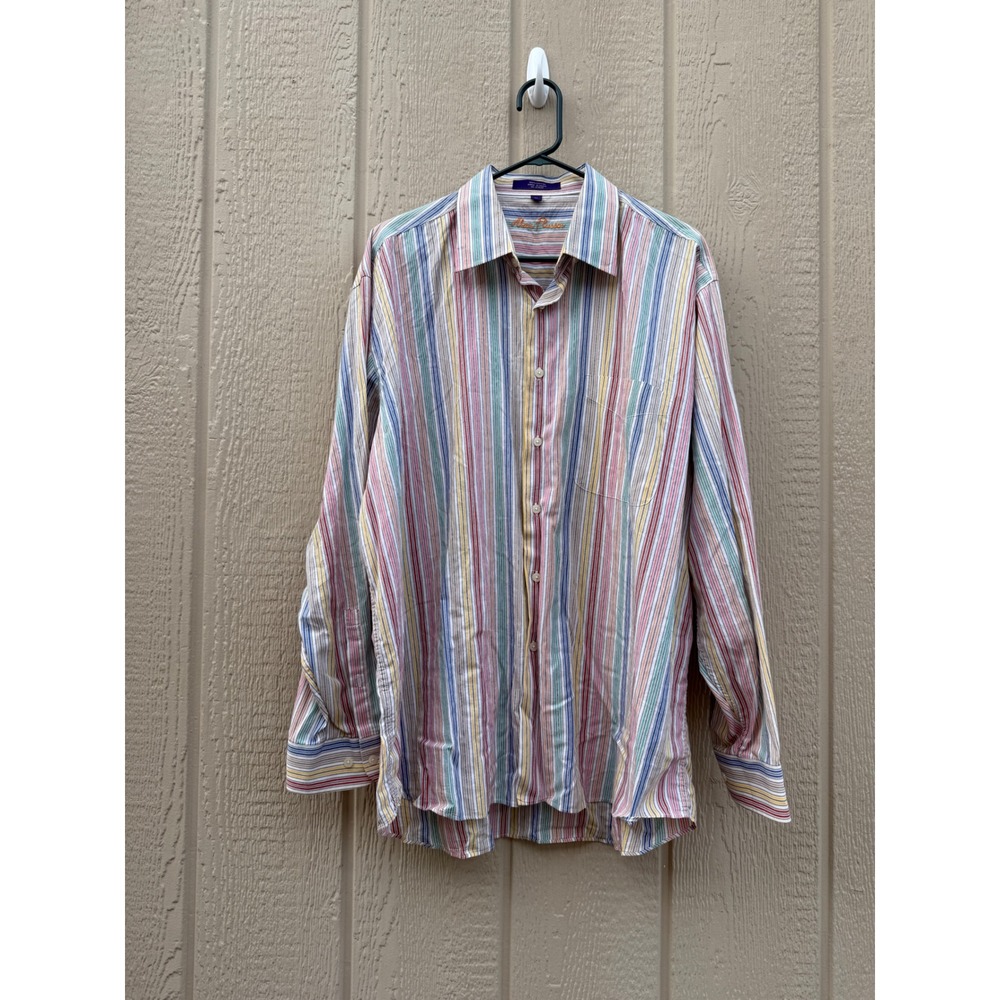Alan Flusser XL Button Down Striped Preppy Cotton Multi Color Shirt